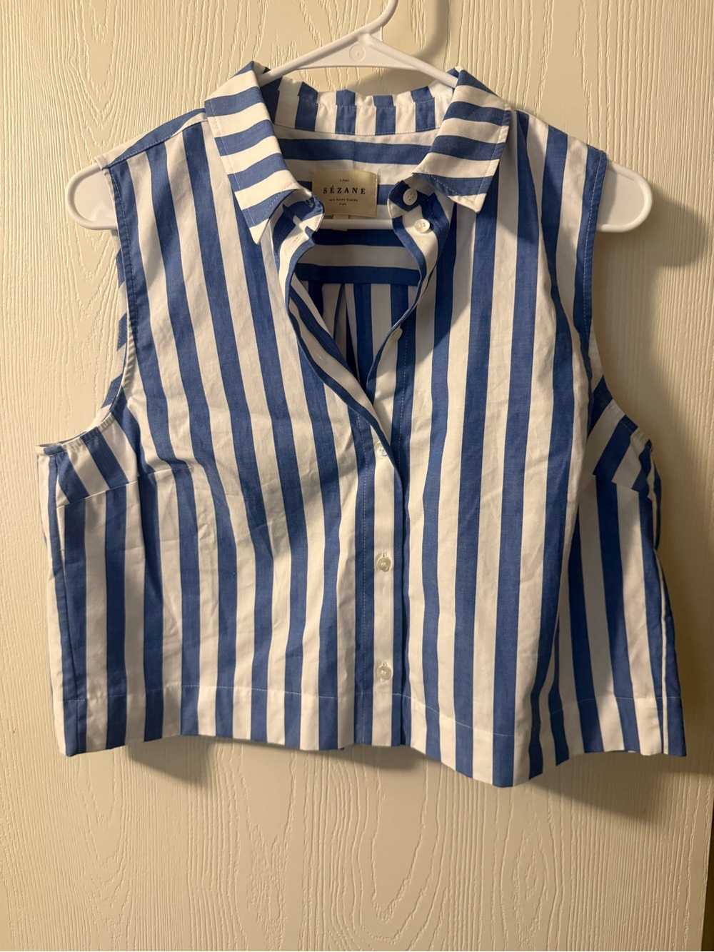 Sezane Set Blue and White Vertical Stripe Sleeveless Button-Down